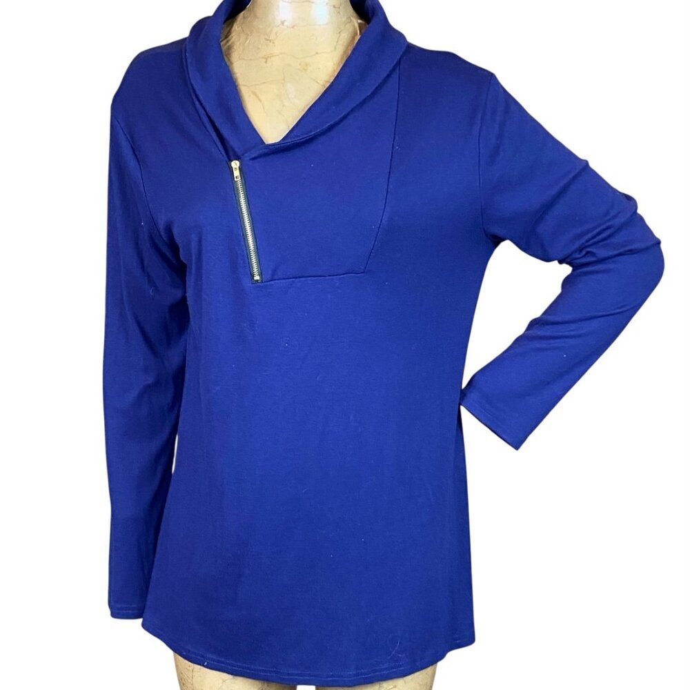 Cyanstyle Long‎ Sleeve Pullover Zipper Cowl Neck Sz L Blue 34T
